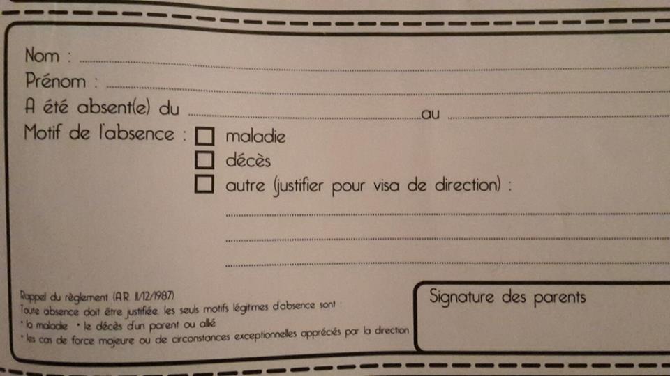 Belgio, scuola, giustificazione