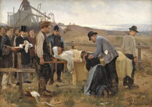 Infortunio sul lavoro rappresentato nel quadro del pittore danese Erik Ludvig Henningsen (1855 – 1930). In Europa nel 2020 si registrano oltre 4,6 milioni di infortuni sul lavoro, secondo Eurostat
