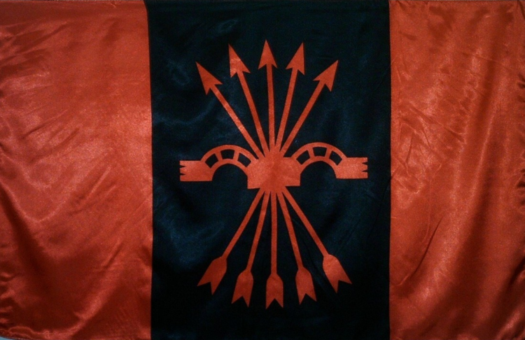 Bandiera del partito falangista spagnolo. E' in vendita su "Tienda Falangista", finanziato con i soldi dell'UE