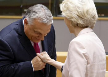 Hungary's Prime Minister Viktor Orban (L) shakes hands with President of the European Commission Ursula von der Leyen prior to the start of a EU leaders Summit at The European Council Building in Brussels on October 26, 2023. EU leaders will debate starting October 26, 2023, in a two day summit in Brussels, for a call for humanitarian "pauses" in Israel's war with Hamas, as the bloc grapples with another conflict on its fringes alongside Russia's invasion of Ukraine. (Photo by Ludovic MARIN / AFP)