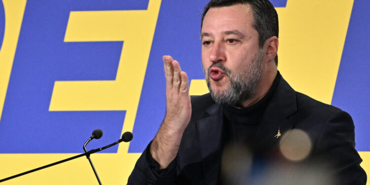 Italian deputy Prime Minister Matteo Salvini blows a kiss after his speech during a convention of the European Parliament leaders of Identity and Democracy group (ID), on December 3, 2023 at the Fortezza da Basso in Florence. The convention organized by Italian deputy Prime Minister Matteo Salvini launches the Northern League campaign for the European elections. ID group has MEPs from eight countries, with the majority coming from Italys Lega party, the Rassemblement National in France and Germanys AfD. (Photo by Andreas SOLARO / AFP)