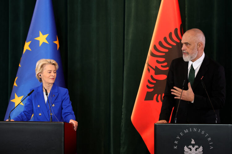 Albania's Prime Minister Edi Rama (R) and President of the European Commission Ursula von der Leyen attend a press conference in Tirana, on October 23, 2024. EU chief Ursula von der Leyen arrived in Albania on October 23 at the start of a tour of six Balkan nations hoping to join the bloc, as signs emerge that enlargement is back on the Brussels agenda. (Photo by Adnan Beci / AFP)