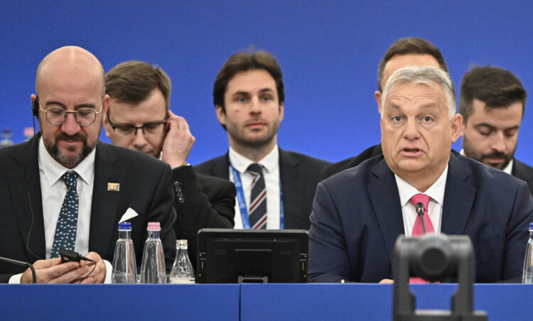 (L-R) European Council President Charles Michel and Hungary's Prime Minister Viktor Orban attend the opening plenary session at the European Political Community Summit in Budapest, on November 7, 2024. (Photo by Attila KISBENEDEK / AFP)