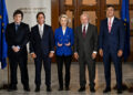 (L/R) Argentina's President Javier Milei, Uruguay's President Luis Lacalle Pou, European Commission President Ursula von der Leyen, Brazil's President Luiz Inacio Lula da Silva and Paraguay's President Santiago Pena pose for the family picture of the LXV Mercosur Summit in Montevideo on December 6, 2024. (Photo by Eitan ABRAMOVICH / AFP)