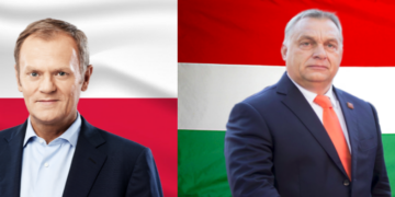 Il primo ministro polacco, Donald Tusk (sinistra) e il primo ministro ungherese, Viktor Orban