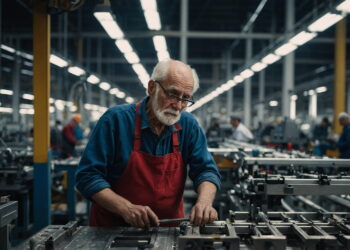 ANZIANI ALLA CATENA DI MONTAGGIO ANZIANO LAVORATORE LAVORATORI FABBRICA INDUSTRIA PRODUZIONE GENERATE AI IA