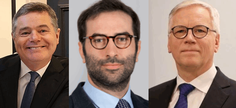 (da sinistra) i ministri delle Finanze di Irlanda, Spagna e Lituania, Paschal Donohoe, Carlos Cuerpo e Rimantas Šadžius