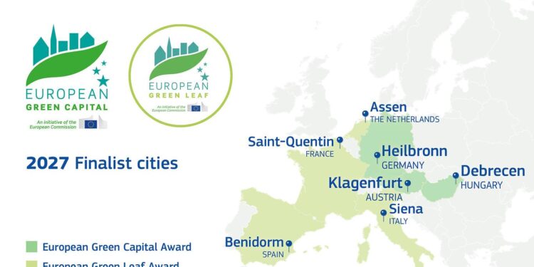 La mappa delle finaliste ai premi Capitale Verde e Foglia Verde 2027 - Fonte Commissione Ue