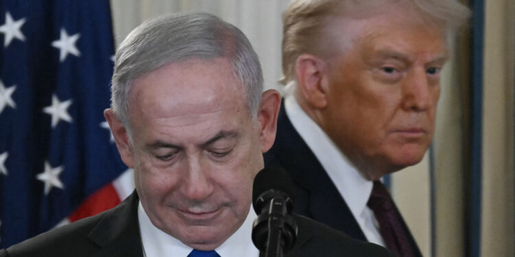 US President Donald Trump and Israeli Prime Minister Benjamin Netanyahu (L) arrive for a press conference in the State Dining Room of the White House in Washington, DC on September 29, 2025 (Photo by ANDREW CABALLERO-REYNOLDS / AFP)