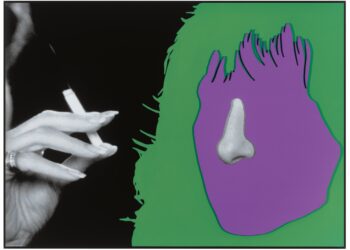 Noses and Ears, (Part One) : Hand Holding Cigarette and Head
(with Nose), 2006 © John Baldessari 2006. Courtesy Estate of John Baldessari © 2025; Courtesy John Baldessari Family Foundation; Sprüth Magers; Private Collection, Lisbon, Portugal