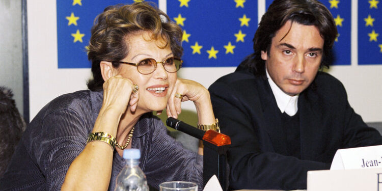 Representatives of the petition Artists Unite For Strong Copyright Claudia CARDINALE and Jean Michel JARRE during a press conference at the European Parliament of Strasbourg on the 9 February 1999.
