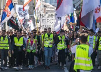 Several thousand students and citizens take part in a march from Belgrade towards the Novi Sad railway station on October 30, 2025, ahead of a mass gathering on November 1, 2025, marking the first anniversary of the railway station tragedy (Photo by Andrej ISAKOVIC / AFP)