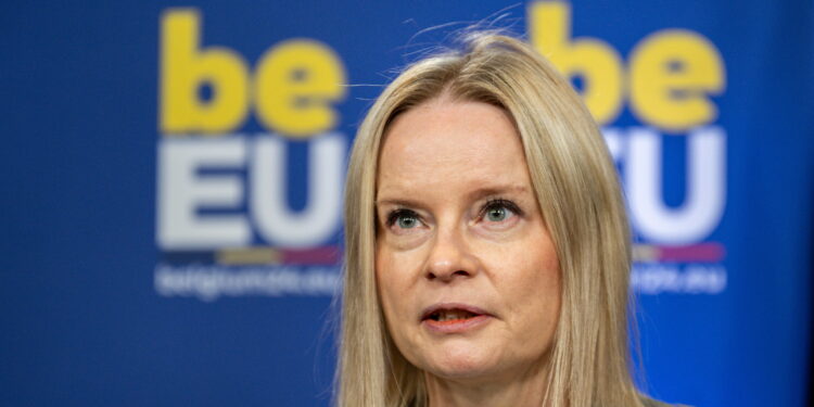 La ministra delle Finanze della Finlandia, Riikka Purra [foto: imagoeconomica via European Council]
