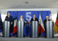 German Defence Minister Boris Pistorius (3rd R) and his counterparts from the Group of Five (GoF) Britain's Secretary of State for Defence John Healey (R), Poland's defence state secretary Pawel Zalewski (L), Italy's Minister of Defence Guido Crosetto (2nd L), European Union High Representative for Foreign Affairs and Security Policy Kaja Kallas (3rd L) and France's Minister of the Armed Forces and Veterans Affairs Catherine Vautrin (2nd R) (Photo by Odd ANDERSEN / AFP)