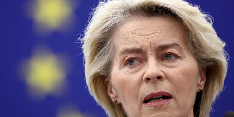 European Commission President Ursula von der Leyen speaks during a debate on the EU engagement towards a just and lasting peace for Ukraine during a plenary session at the European Parliament, in Strasbourg, eastern France, on November 26, 2025. (Photo by FREDERICK FLORIN / AFP)