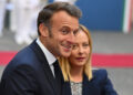 France's President Emmanuel Macron (L) and Italys Prime Minister Giorgia Meloni (R) react as they meet at Chigi palace in Rome on June 3, 2025.  (Photo by Alberto PIZZOLI / AFP)