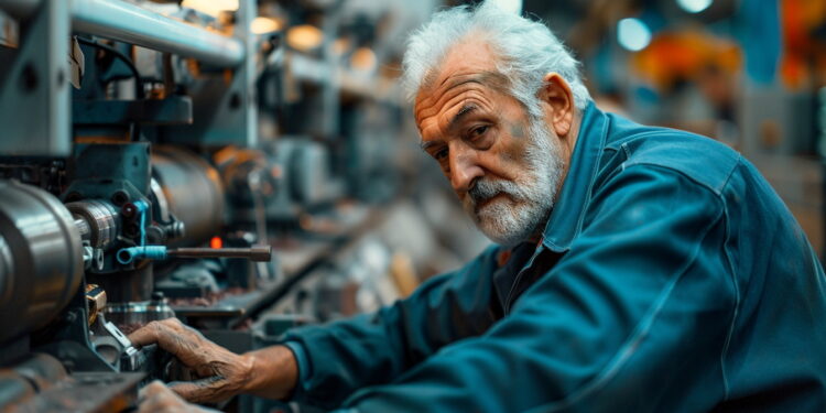 OPERAIO ANZIANO OPERAI ANZIANI LAVORO FABBRICA PRODUZIONE GENERATE AI IA