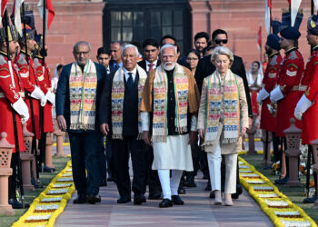 Antonio Costa, Narendra Modi e Ursula von der Leyen  a Nuova Delhi, 26/01/26 [Credits: European Council]