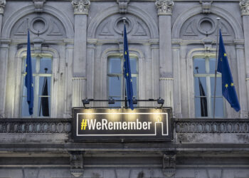 International Holocaust Remembrance Day #WeRemember banner outside the EP headquarters in Brussels