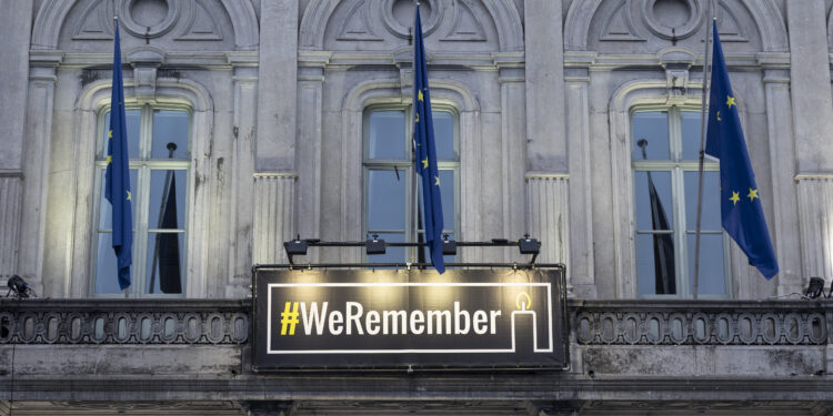 International Holocaust Remembrance Day  #WeRemember banner outside the EP headquarters in Brussels