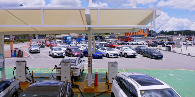 Aerial photography Of Electric vehicle charging station In China Highway Service Area,China,Asia [Credits: Getty Images]