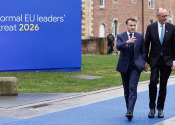 French President Emmanuel Macron, German Chancellor Frierdrich Merz and pictured prior to an informal meeting of the Heads of State or Government of the European Union, in the Landcommanderij Alden Biesen, in Bilzen, Belgium Thursday 12 February 2026. BELGA PHOTO BENOIT DOPPAGNE (Photo by BENOIT DOPPAGNE/Belga/Sipa USA)