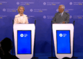 La presidente della Commissione europea, Ursula von der Leyen, e il presidente del Consiglio europeo, Antonio Costa, al termine del vertice informale dei leader UE sulla competitività [Alden Biesen, 12 febbraio 2026]