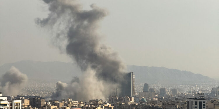 Plumes of smoke rise following reported explosions in Tehran on March 2, 2026, after the United States and Israel launched strikes against Iran on February 28 that killed Irans supreme leader and top military leaders, prompting retaliatory strikes on Israel and across the Gulf. Photo by Mahsa/Middle East Images/ABACAPRESS.COM/IPA