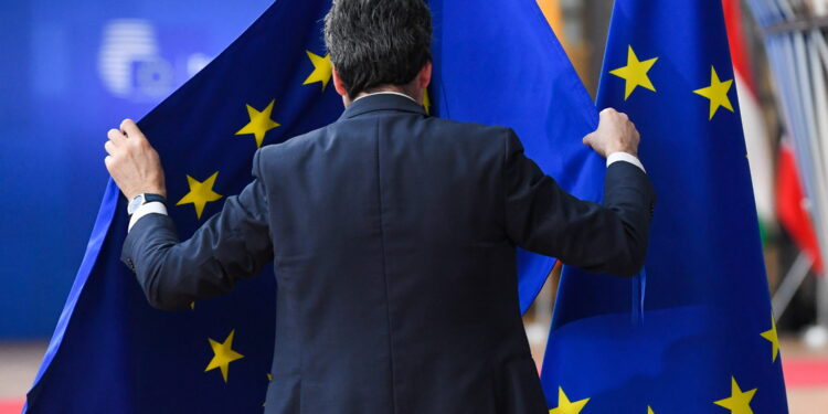 Allestimento per il Consiglio europeo al Palazzo del Consiglio UE. Fonte: Imagoeconomica