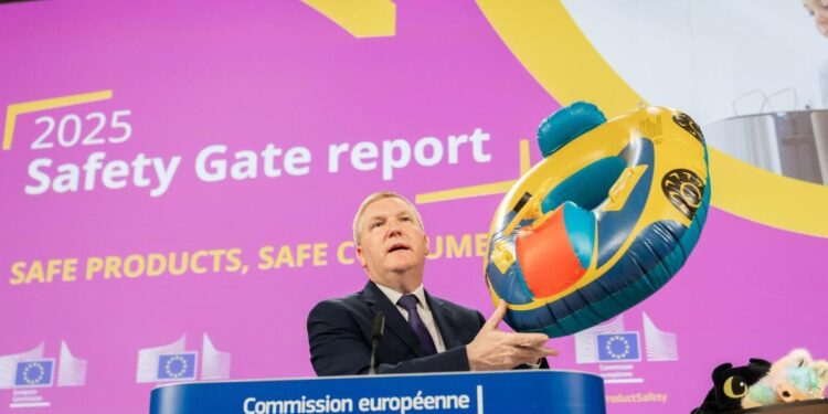 On 5 March 2026, Michael McGrath, European Commissioner for Democracy, Justice the Rule of Law, and Consumer Protection, gives a press conference on the Safety Gate 2025 report.