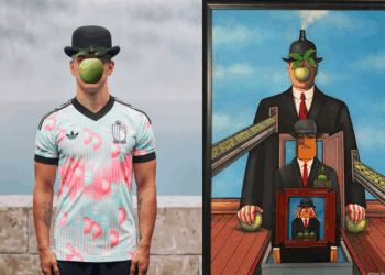 La nuova maglia della nazionale belga [foto: Royal Belgian Football Association, https://shop.rbfa.be/fr/x-8797]. Si ispira al pittore René Magritte e alle sue opere [alcune sono protette da copyright. A sinistra una rivisitazione. Foto:  ARTsakh series by Dilakian Brothers/WikimediaCommons[
]