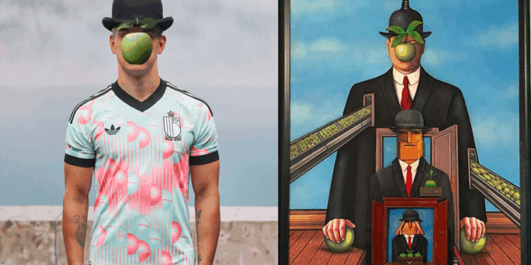 La nuova maglia della nazionale belga [foto: Royal Belgian Football Association, https://shop.rbfa.be/fr/x-8797]. Si ispira al pittore René Magritte e alle sue opere [alcune sono protette da copyright. A sinistra una rivisitazione. Foto:  ARTsakh series by Dilakian Brothers/WikimediaCommons[
]