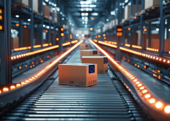 SOurce: Imagoeconomica PACCHI USA EUROPA BANDIERA SPEDIZIONE COMMERCIO DAZI LOGGISTICA SCATOLE EUROPEA STATUNITENSE GENERATE AI IA. Sistema preferenze