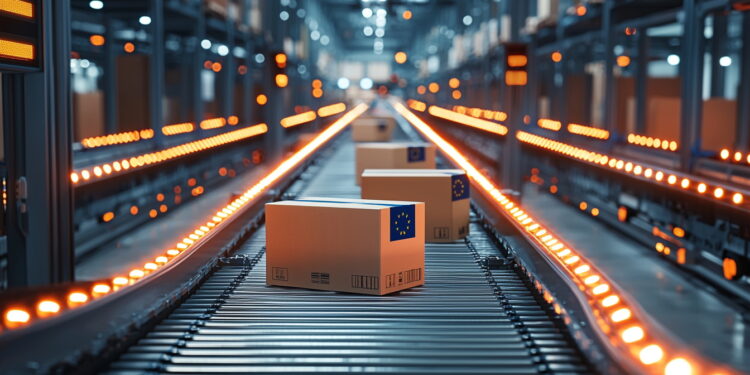 SOurce: Imagoeconomica PACCHI USA EUROPA BANDIERA SPEDIZIONE COMMERCIO DAZI LOGGISTICA SCATOLE EUROPEA STATUNITENSE GENERATE AI IA. Sistema preferenze