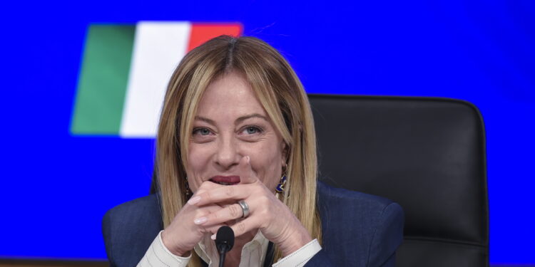 La presidente del Consiglio, Giorgia Meloni, dopo la conferenza stampa per il decreto 1 maggio [Roma, 28 aprile 2026. Foto: Alessia Minelli/imagoeconoomica]