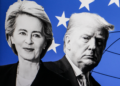 La presidente della Commissione europea, Ursula von der Leyen, e il presidente USA, Donald Trump [foto: Yassine Mahjoub/SIPA / IPA Agency. Rielaborazione: Eunews]