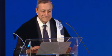Mario Draghi, in occasione della laurea honoris causa conferita dall'università di Leuven [Leuven, 2 febbraio 2026. Foto: imagoeconomica]