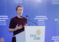 L'Alta rappresentante della politica estera UE, Kaja Kallas, durante la conferenza stampa dopo il vertice odierno a Limassol (Fonte: Imagoeconomica)