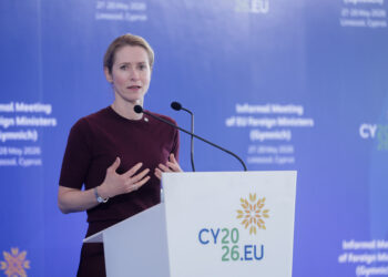 L'Alta rappresentante della politica estera UE, Kaja Kallas, durante la conferenza stampa dopo il vertice odierno a Limassol (Fonte: Imagoeconomica)