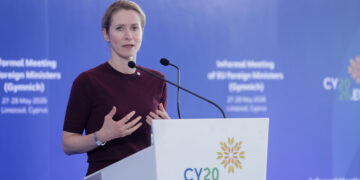 L'Alta rappresentante della politica estera UE, Kaja Kallas, durante la conferenza stampa dopo il vertice odierno a Limassol (Fonte: Imagoeconomica)