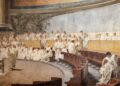 Marco Tullio Cicerone mentre accusa Lucio Sergio Catilina (il personaggio isolato, sulla destra) nella "Prima Catilinaria" nel Senato di Roma nel 63 a.c.. Affresco di Cesare Maccari, nell'omonima sala del Senato della Repubblica italiana. (Fonte: Senato della Repubblica)