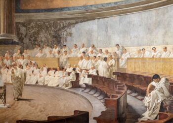 Marco Tullio Cicerone mentre accusa Lucio Sergio Catilina (il personaggio isolato, sulla destra) nella "Prima Catilinaria" nel Senato di Roma nel 63 a.c.. Affresco di Cesare Maccari, nell'omonima sala del Senato della Repubblica italiana. (Fonte: Senato della Repubblica)