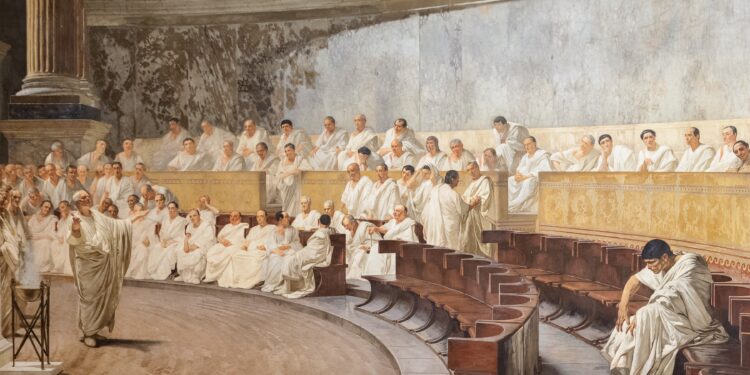 Marco Tullio Cicerone mentre accusa Lucio Sergio Catilina (il personaggio isolato, sulla destra) nella "Prima Catilinaria" nel Senato di Roma nel 63 a.c.. Affresco di Cesare Maccari, nell'omonima sala del Senato della Repubblica italiana. (Fonte: Senato della Repubblica)