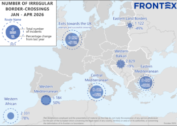 Numero di attraversamenti irregolari da gennaio ad aprile 2026. Source: Frontex