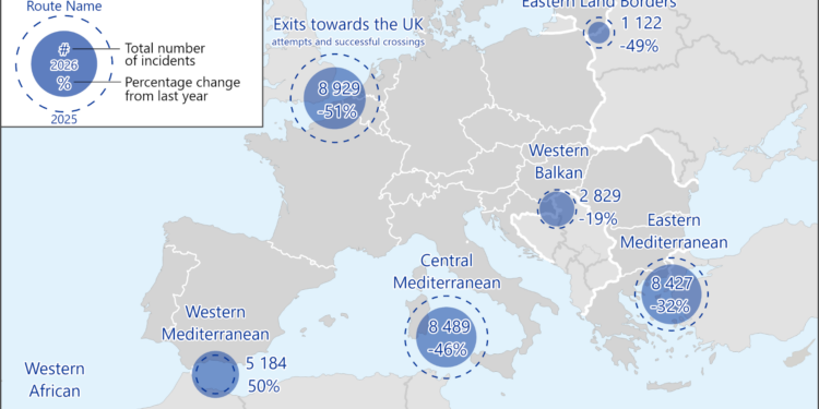 Numero di attraversamenti irregolari da gennaio ad aprile 2026. Source: Frontex
