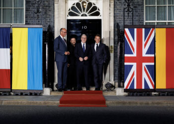 Da sinistra: il cancelliere tedesco Friedrich Merz, il presidente ucraino Volodymyr Zelensky, il premier britannico Keir Starmer e il presidente francese Emmanuel Macron [Londra, 7 giugno 2026. Foto: Lauren Hurley / No 10 Downing Street, via imagoeconomica]