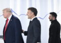 Il presidente degli Stati Uniti, Donald Trump, e il presidente francese, Emmanuel Macron, insieme all'omologo ucraino, Volodymyr Zelensky (Fonte: Imagoeconomica)