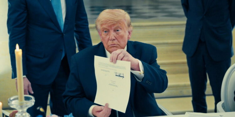 Il presidente USA, Donald Trump, firma un accordo a Versailles (17 giugno 2026). Source: Imagoeconomica