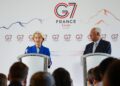 La presidente della Commissione europea, Ursula Von der Leyen, e il presidente del Consiglio Europeo, Antonio Costa durante la conferenza stampa del G7 ad Evian, in Francia. Crediti: Commissione europea