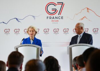 La presidente della Commissione europea, Ursula Von der Leyen, e il presidente del Consiglio Europeo, Antonio Costa durante la conferenza stampa del G7 ad Evian, in Francia. Crediti: Commissione europea